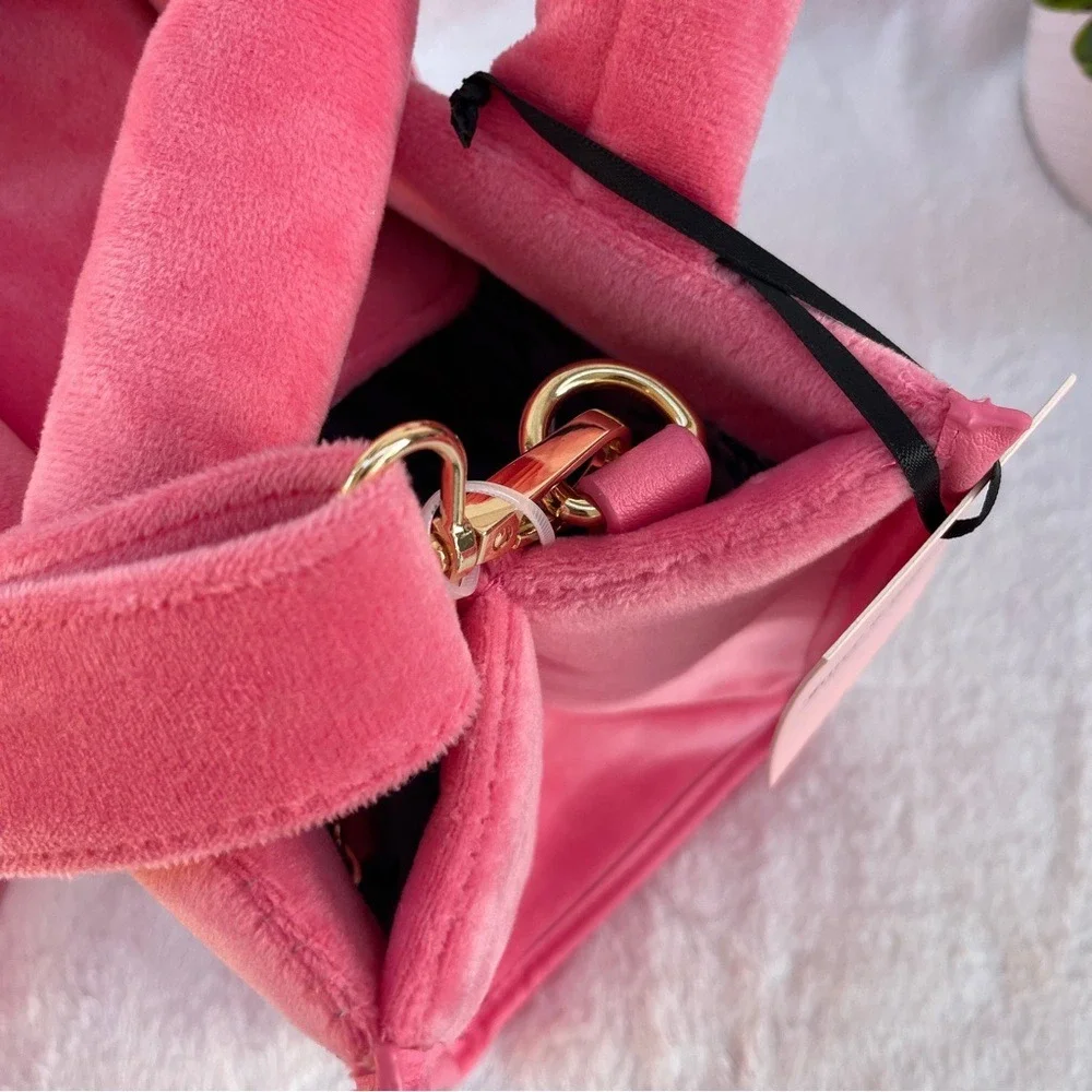 NEW Juicy Couture Pink‎ Velour Rhinestone Logo Tote Crossbody Bag NWT